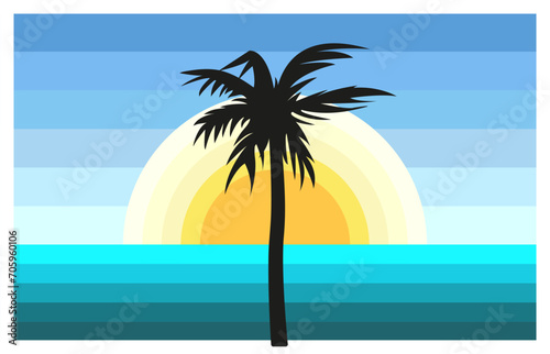 Landscape of the Ocean and the Sun with Palm Tree. Vaporwave. Black silhouette of a tropical tree. Color levels. Sunrise or sunset on the beach. Palm leaves. Game drawing. Nature. Vector illustration