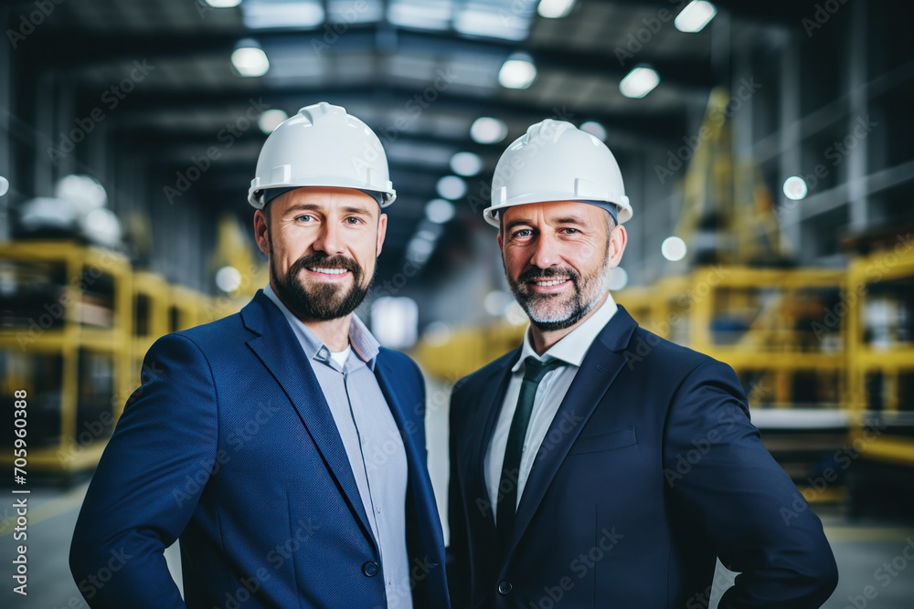 A mature engineer and a businessman, in helmets, discuss industrial project plans with tablets. A mature engineer and a businessman, in helmets, discuss industrial project plans with tablets.