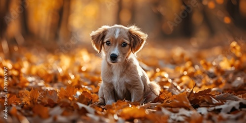 puppy sitting in leaves, in the style of motion blur panorama, golden palette photo