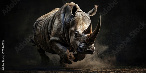 rhino running in the dust on black background photo