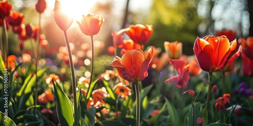 the light of the sun shining on a colorful day with many tulips #705960944