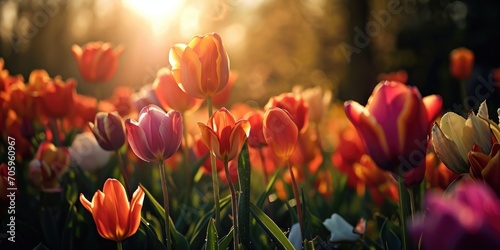 the light of the sun shining on a colorful day with many tulips #705960967