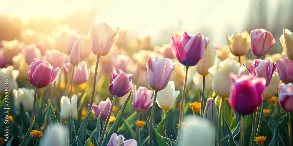 tulips with sun and clear morning sky, in the style of pastel color schemes