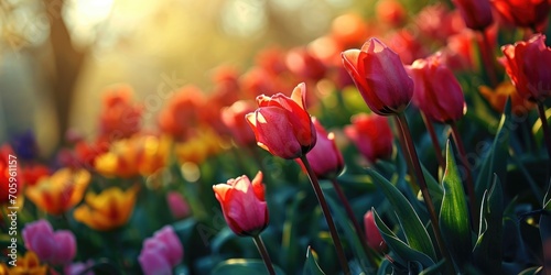 tulips with sun and clear morning sky, in the style of pastel color schemes photo
