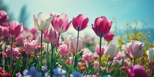 tulips and flowers in white tulips and flowering pink tulips bouquet tulips flowers pink © Landscape Planet