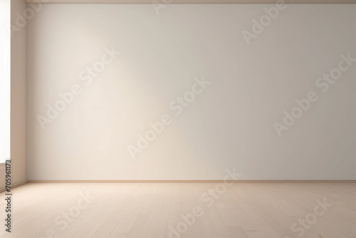 Light ivory color empty room with light from window in modern interior. Wall scene mockup for showcase. Wall with copy space. © Iryna