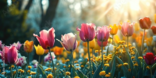 tulips with sunlight background, sun rays and bright flowers, in the style of light teal and light yellow photo