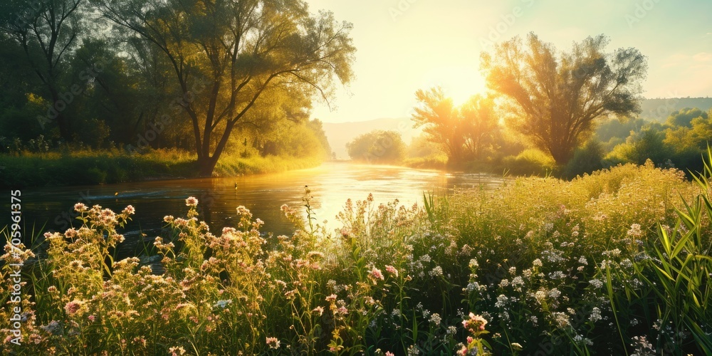 wild flowers and green trees on a river
