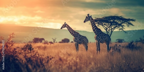 two giraffes are standing on a grassy field