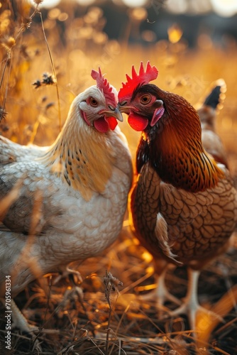 Free range organic chickens poultry in a country farm