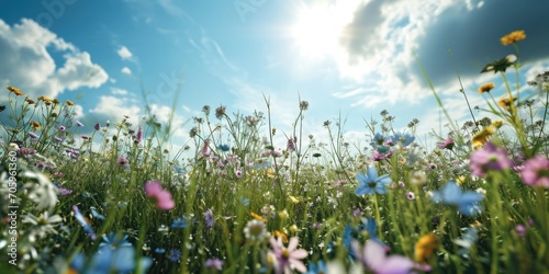 A beautiful, sun-drenched spring summer meadow. Natural colorful panoramic landscape with many wild flowers of daisies against blue sky.