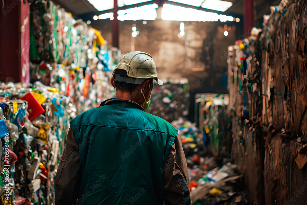 A worker at a recycling center, seen from the back, diligently recycling materials. A worker at a recycling center, seen from the back, diligently recycling materials.