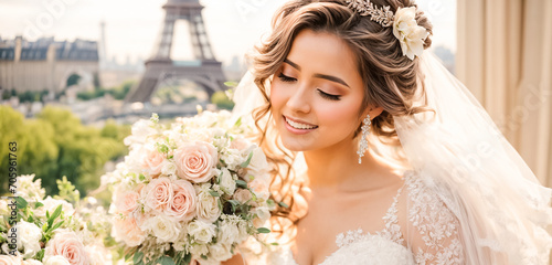 Beautiful bride in a white dress against the backdrop of the Eiffel Tower french