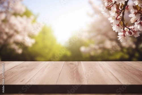 Empty wooden deck table on the spring nature background with pink blossom. Backdrop for mockup and promotion design.