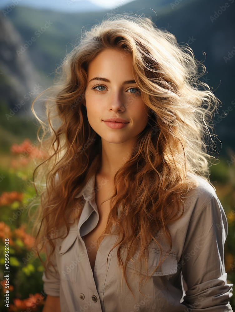 Naklejka premium A Beautiful Girl Smiling Amidst Picturesque Landscapes