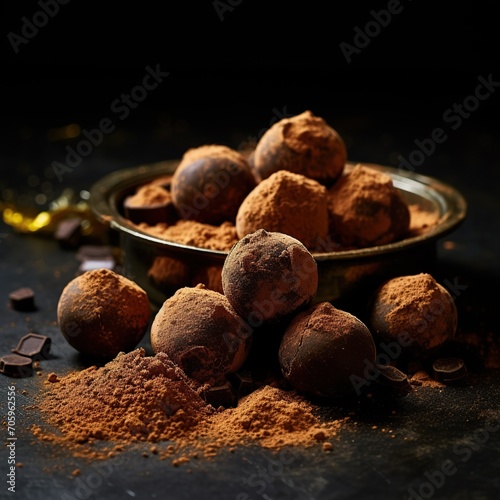 Decadent chocolate truffles dusted with rich cocoa powder presented on a vintage plate, evoking a sense of indulgence.
