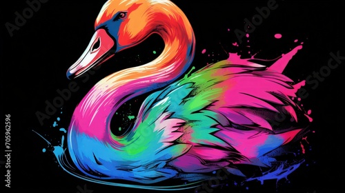 Beautiful swan rainbow vibrant colorsplash, watercolor style black background. Generate AI photo