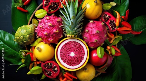 Fototapeta Naklejka Na Ścianę i Meble -  Vibrant arrangement of exotic tropical fruits with lush green leaves and fiery red accents on a dark backdrop.
