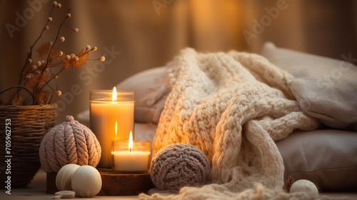 A serene winter interior featuring a soft knit blanket  glowing candles  and decorative elements on a side table. 