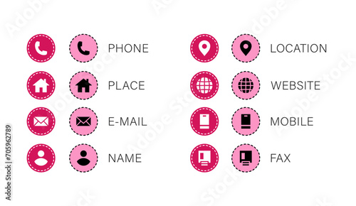 Business contact information icon set. rounded button business card icons with outline and colorful background include phone, place, e-mail, location, website, mobile and fax icon photo