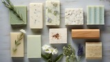 Variety of organic, handmade soap pieces on rustic wood, decorated with plants and flowers. 