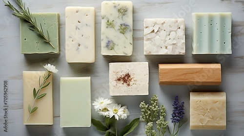 Variety of organic, handmade soap pieces on rustic wood, decorated with plants and flowers.
 photo