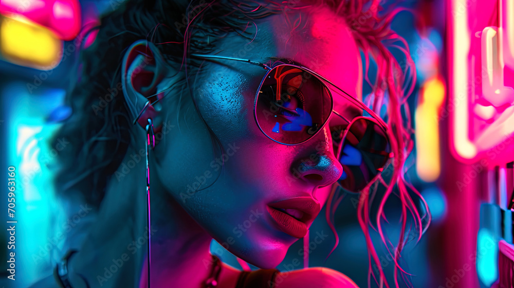 A picture of a bold girl in a neon barbershop with lights adding bright colors to her style A picture of a bold girl in a neon barbershop with lights adding bright colors to her style