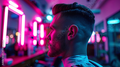 A man with a Militari haircut in a modern barbershop surrounded by a bright neon light