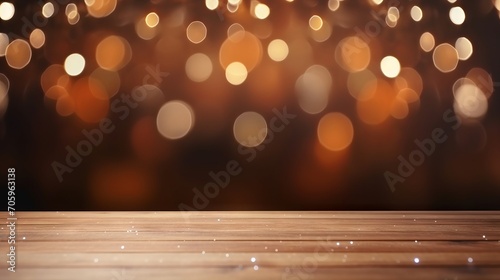 Empty Brown Wooden Floor or Wood Board Table with Blurred Abstract Night Light Bokeh Background AI Generated