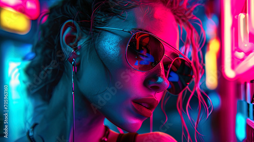 A picture of a bold girl in a neon barbershop with lights adding bright colors to her style
