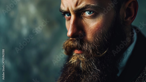 A portrait of an elegant gentleman with a thick beard that gives his appearance to persistent masc