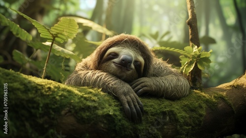 A sleepy sloth with half-closed eyes  blending seamlessly into the calming green hues of the jungle -Generative Ai 