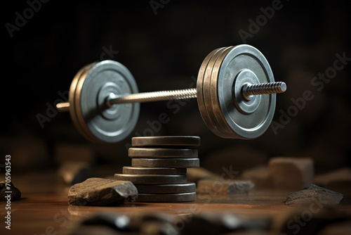 A motivational image portraying a financial barbell lifting the weight of financial challenges, symbolizing the strength gained through disciplined savings and investments. Generative Ai.