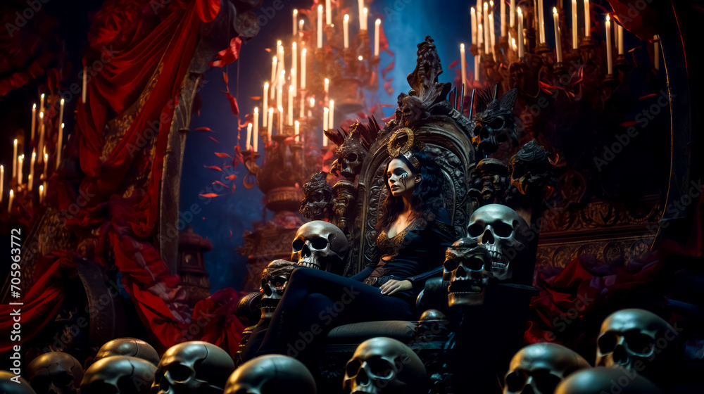 Obraz premium Woman sitting on throne surrounded by skulls in room full of candles.