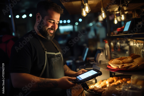 A snapshot of a tech-savvy food truck operator using a portable card reader to accept electronic payments, highlighting the adaptability of small businesses to modern payment methods. Generative Ai.