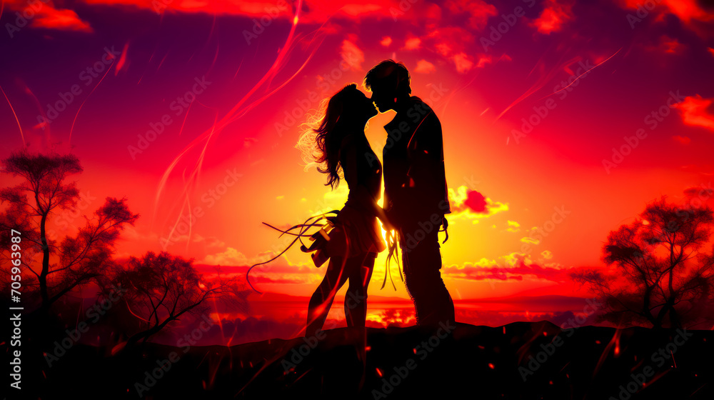 Obraz premium Silhouette of man and woman kissing in front of sunset.