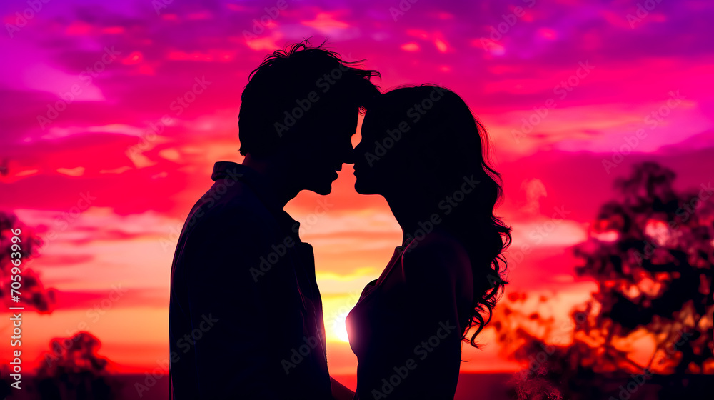 Man and woman standing next to each other in front of sunset.