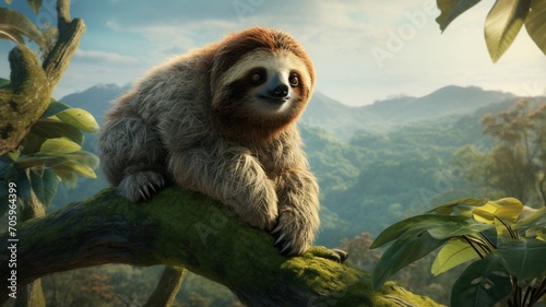 A sloth enjoying a panoramic view from a high tree branch  capturing the vastness of the jungle -Generative Ai 