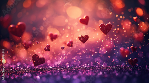 Flying pink sparkling hearts on a purple background, Valentines day 
