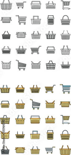 Basket cart supermarket icons set. Outline set of basket cart supermarket vector icons thin line color flat on white