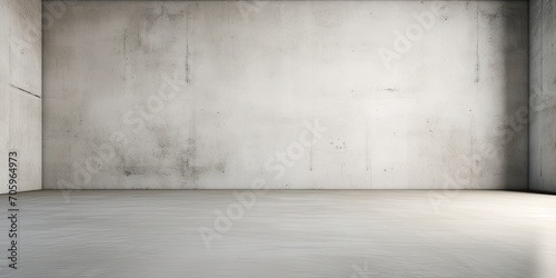 Empty interior studio with gray floor, white backdrop, and concrete texture, perfect for showcasing products.