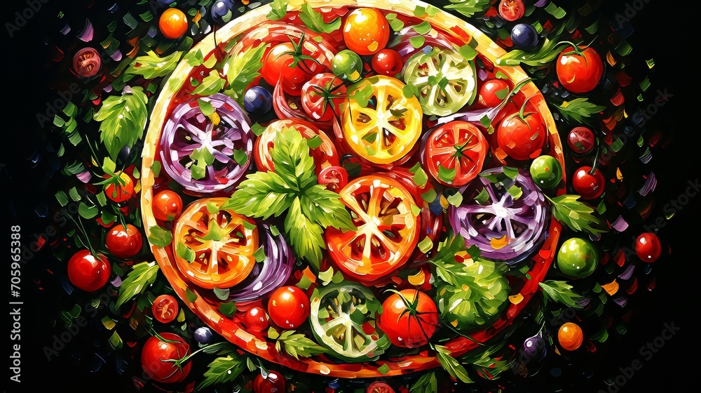 Colorful Vegetable Pizza with Bright and Joyful Tones for Fun and Positive Atmosphere