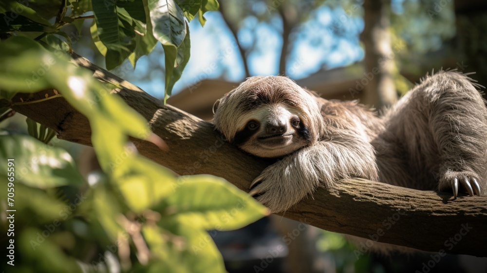 A sloth hanging effortlessly from a tree branch, showcasing its unmatched tranquility. -Generative Ai
A sloth hanging effortlessly from a tree branch, showcasing its unmatched tranquility. -Generative Ai