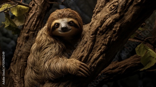 A sloth hanging effortlessly from a tree branch, showcasing its unmatched tranquility. -Generative Ai 