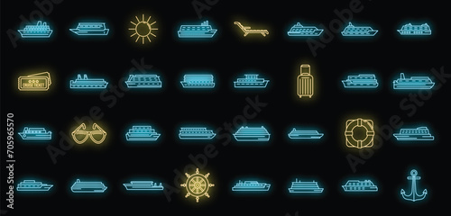 Ocean cruise icons set. Outline set of ocean cruise vector icons neon color on black
