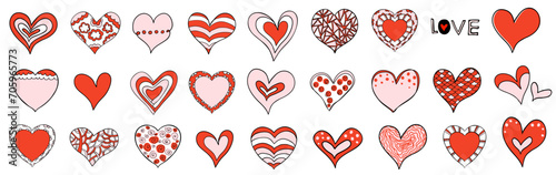 Vector set with hand drawn hearts in pink, red and black colors with various patterns, dots, stripes, wavy lines, floral elements and scales for Valentine's Day and Mother's Day designs