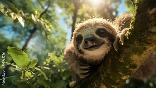 A sloth peacefully hanging upside down from a lush tree branch  bathed in dappled sunlight. -Generative Ai 