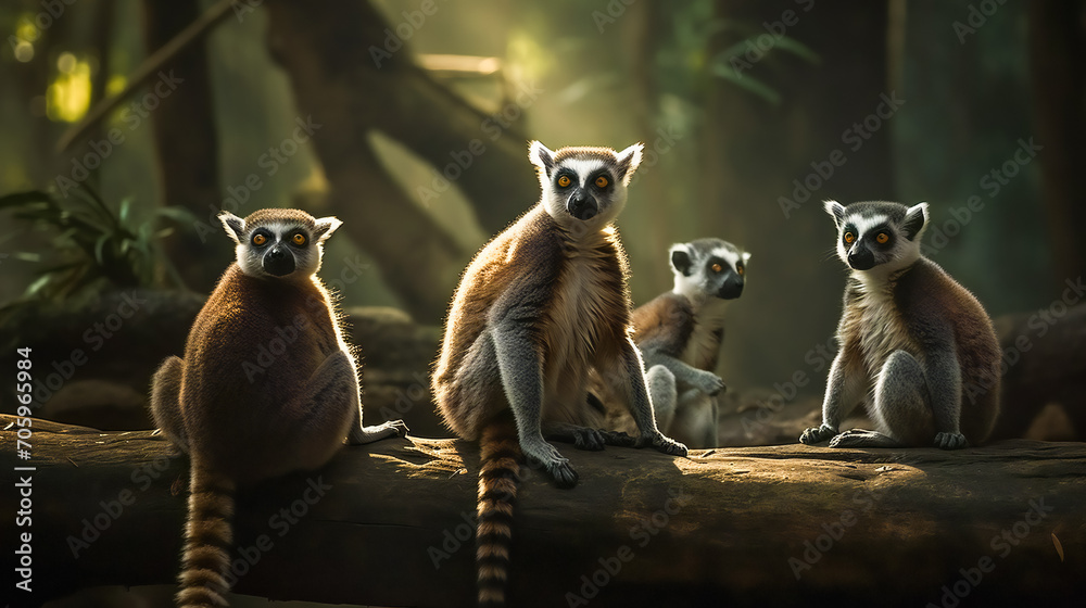 Curious Lemur Family Investigating Their Surroundings. Generative AI - obrazy, fototapety, plakaty 