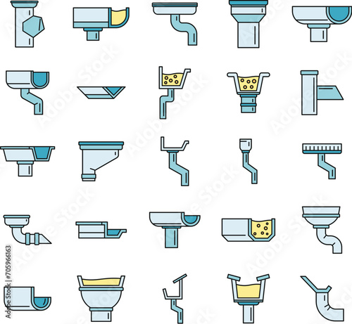Gutter drain icons set. Outline set of gutter drain vector icons thin line color flat on white