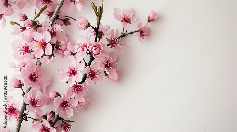 Pink Cherry blossoms branch on white background. Minimalistic design. Copy space Pink Cherry blossoms branch on white background. Minimalistic design. Copy space
